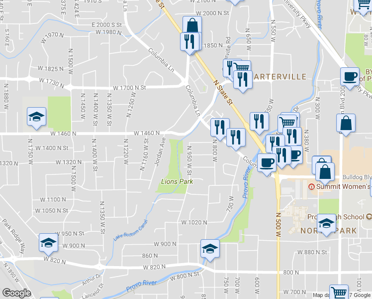 map of restaurants, bars, coffee shops, grocery stores, and more near 1363 North 950 West Street in Provo