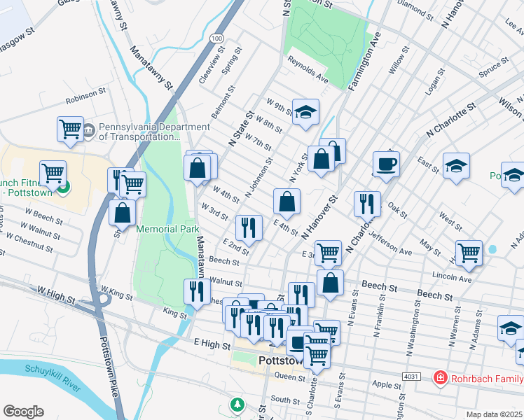 map of restaurants, bars, coffee shops, grocery stores, and more near 33 East 4th Street in Pottstown