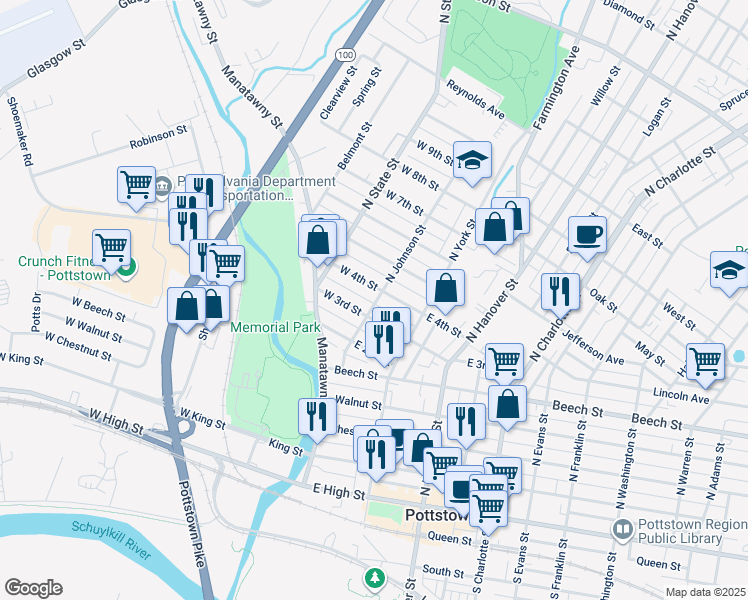 map of restaurants, bars, coffee shops, grocery stores, and more near 313 North Johnson Street in Pottstown