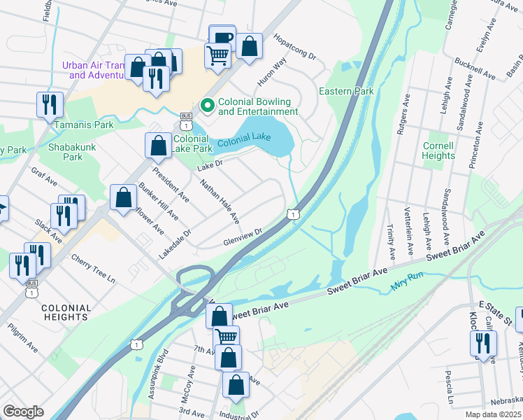 map of restaurants, bars, coffee shops, grocery stores, and more near 132 Villanova Drive in Lawrence Township