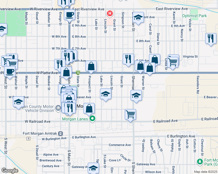 map of restaurants, bars, coffee shops, grocery stores, and more near 431 Lincoln Street in Fort Morgan