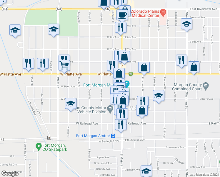 map of restaurants, bars, coffee shops, grocery stores, and more near 431 Ensign Street in Fort Morgan