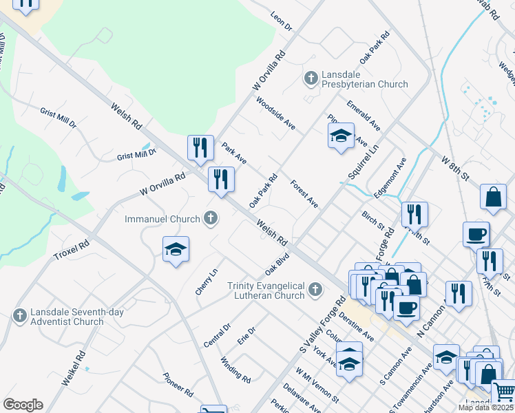 map of restaurants, bars, coffee shops, grocery stores, and more near 20 Park Avenue in Lansdale
