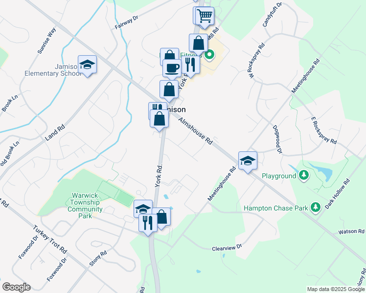 map of restaurants, bars, coffee shops, grocery stores, and more near 2157 Meadowview Drive in Jamison