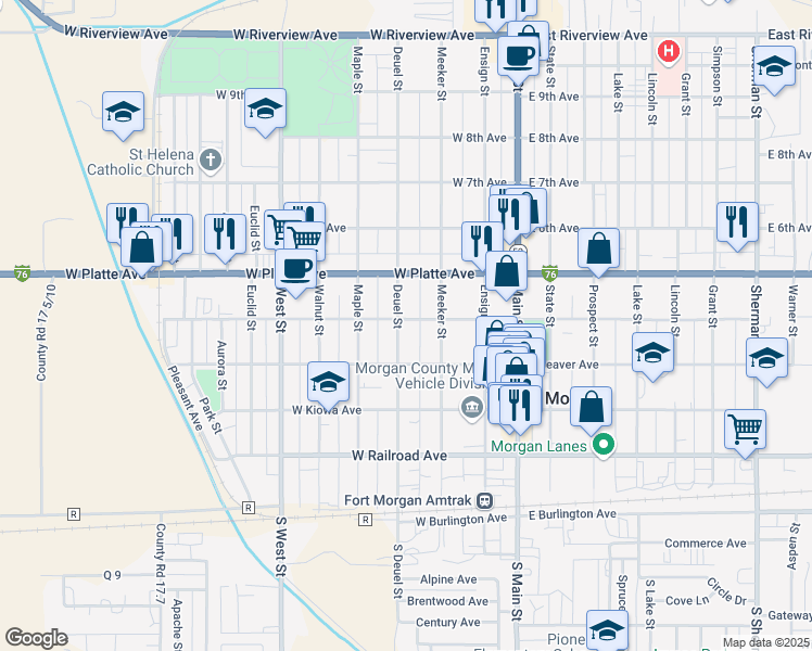 map of restaurants, bars, coffee shops, grocery stores, and more near 430 Deuel Street in Fort Morgan