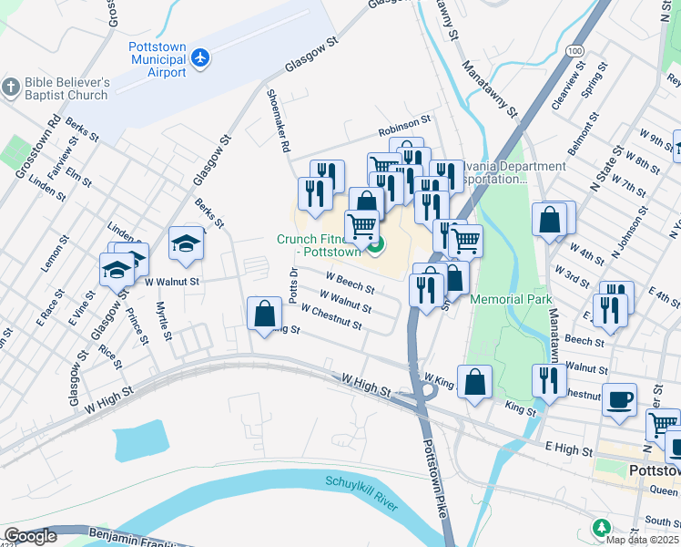 map of restaurants, bars, coffee shops, grocery stores, and more near 339 West Beech Street in Pottstown