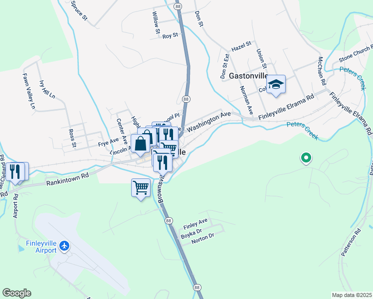 map of restaurants, bars, coffee shops, grocery stores, and more near 3816 Baltimore Street in Finleyville