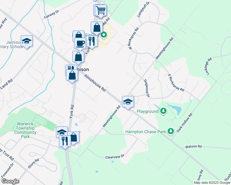 map of restaurants, bars, coffee shops, grocery stores, and more near 1447 Almshouse Road in Jamison