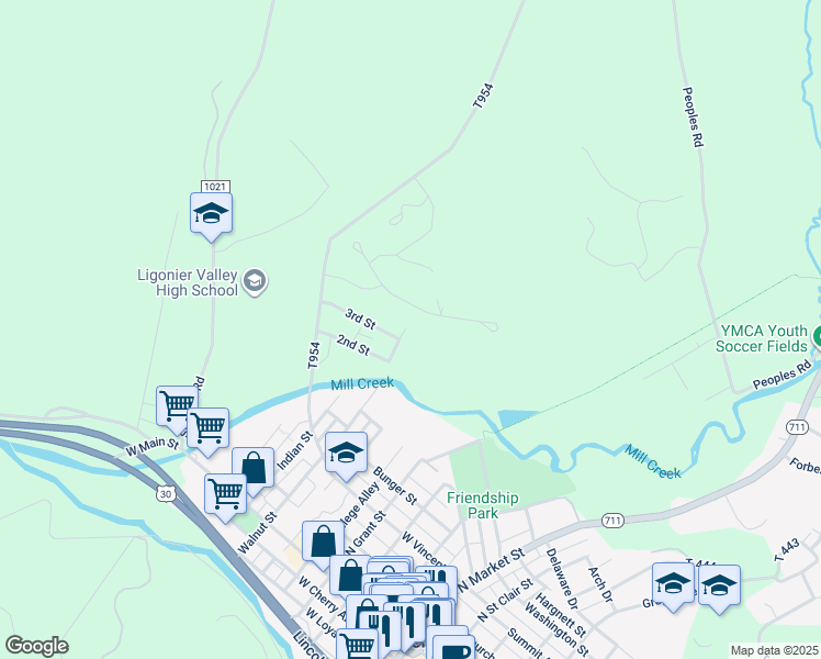 map of restaurants, bars, coffee shops, grocery stores, and more near 714 North Walnut Street in Ligonier