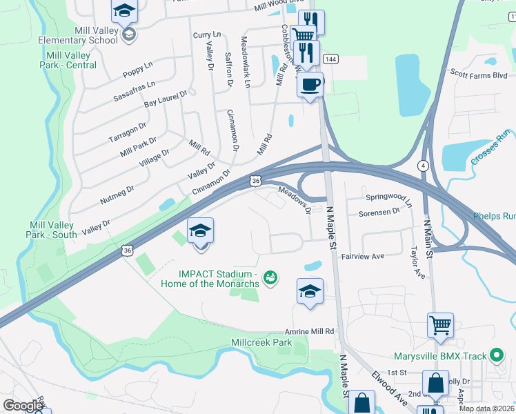 map of restaurants, bars, coffee shops, grocery stores, and more near 950 White Oak Ct in Marysville
