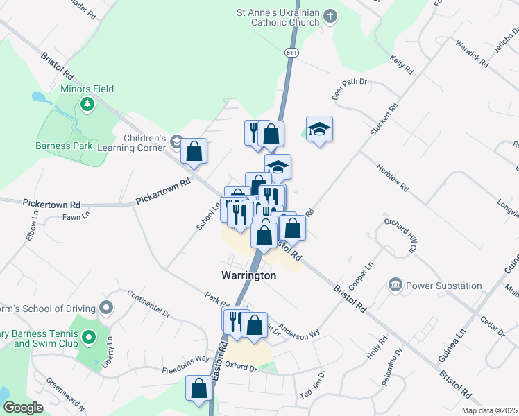 map of restaurants, bars, coffee shops, grocery stores, and more near 1412 Easton Road in Warrington