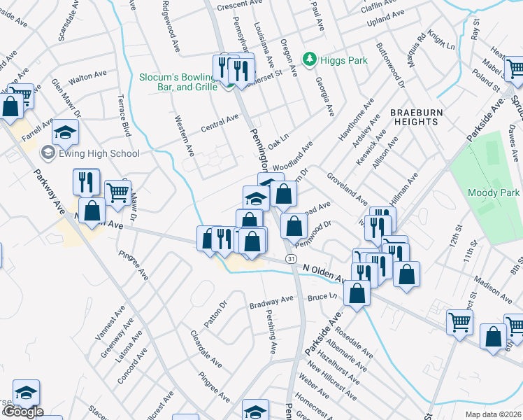 map of restaurants, bars, coffee shops, grocery stores, and more near 1545 Pennington Road in Ewing Township