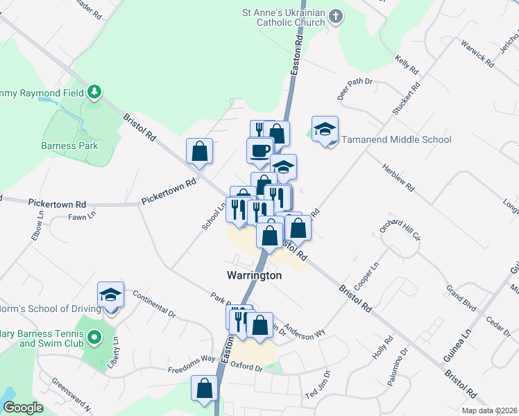 map of restaurants, bars, coffee shops, grocery stores, and more near 1412 Easton Road in Warrington