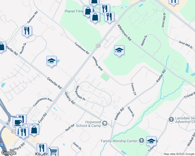 map of restaurants, bars, coffee shops, grocery stores, and more near 2414 Hillock Court in Lansdale