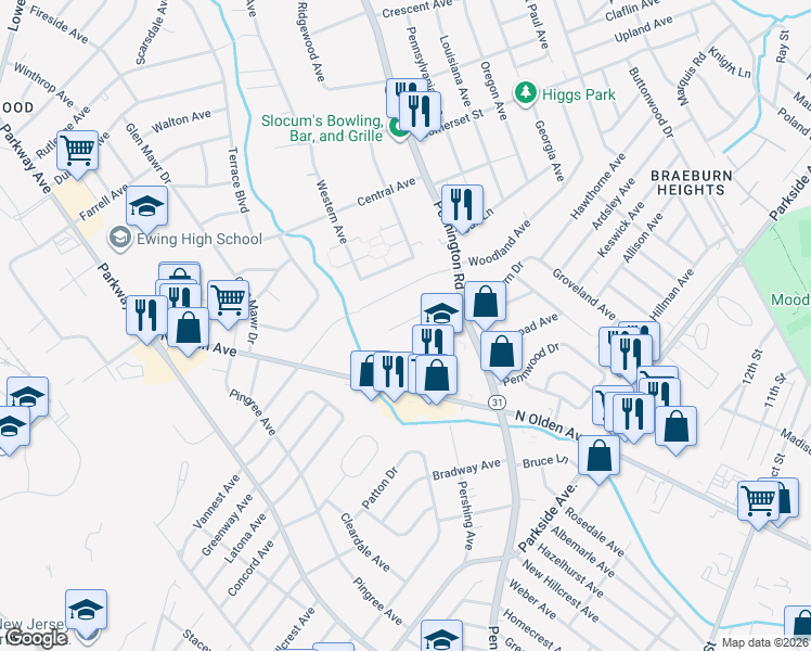 map of restaurants, bars, coffee shops, grocery stores, and more near 77 Harrop Place in Ewing Township