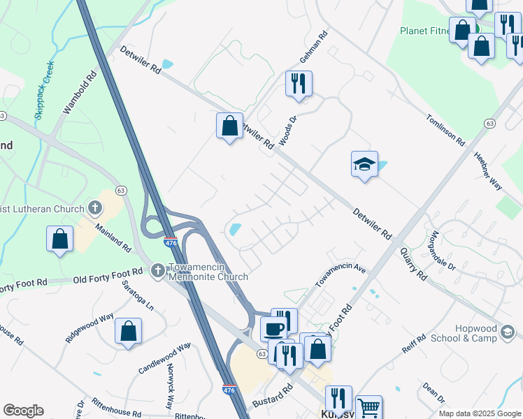 map of restaurants, bars, coffee shops, grocery stores, and more near 75 Wood Hollow Drive in Harleysville
