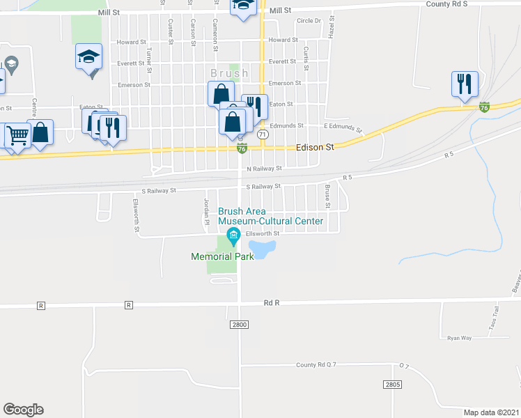map of restaurants, bars, coffee shops, grocery stores, and more near 128 South Colorado Avenue in Brush