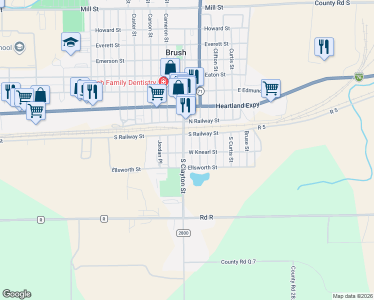 map of restaurants, bars, coffee shops, grocery stores, and more near 129 South Clayton Street in Brush
