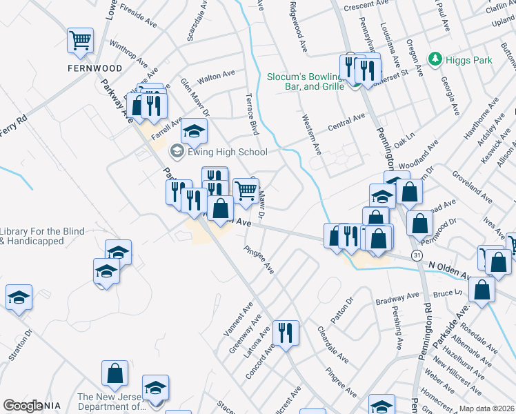 map of restaurants, bars, coffee shops, grocery stores, and more near 7 Glen Mawr Dr in Ewing Township