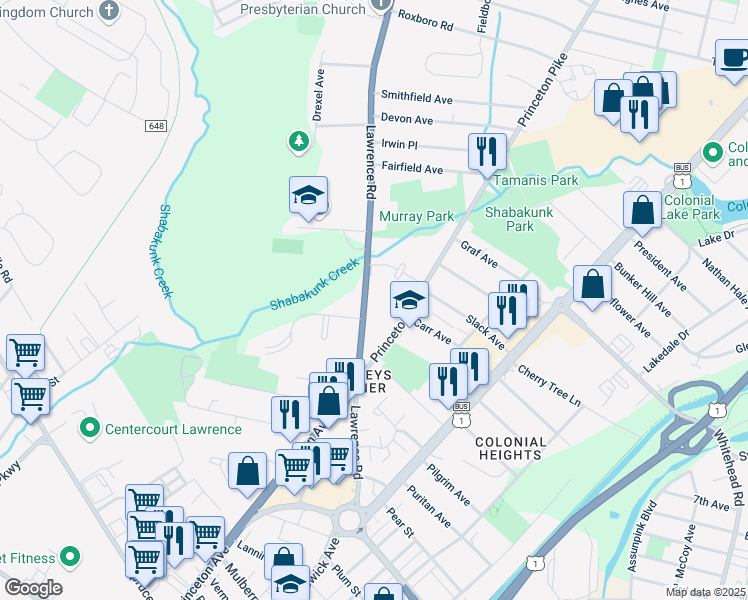 map of restaurants, bars, coffee shops, grocery stores, and more near 500 Lawrenceville Road in Lawrence Township