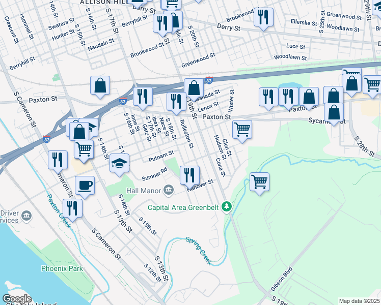 map of restaurants, bars, coffee shops, grocery stores, and more near 1136 Rolleston Street in Harrisburg