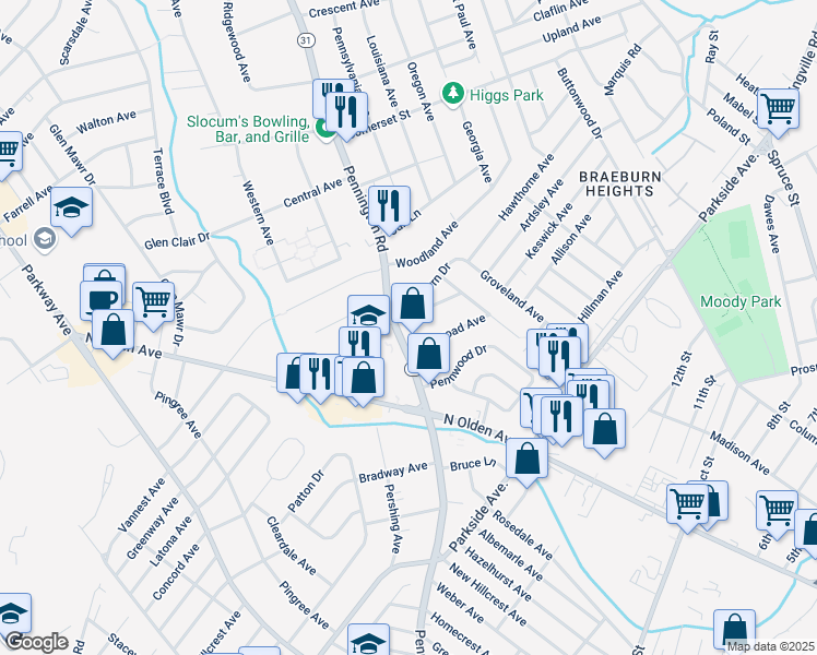 map of restaurants, bars, coffee shops, grocery stores, and more near 1548 Pennington Road in Ewing Township