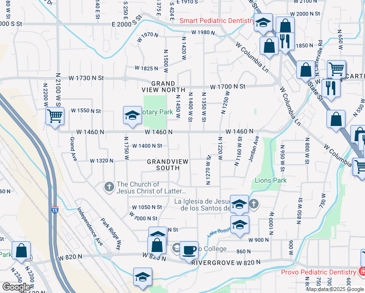 map of restaurants, bars, coffee shops, grocery stores, and more near 1390 North 1450 West in Provo