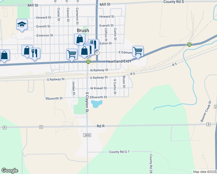 map of restaurants, bars, coffee shops, grocery stores, and more near 127 South Clifton Street in Brush