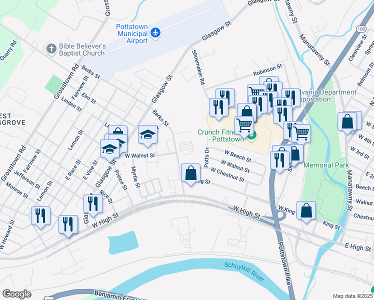 map of restaurants, bars, coffee shops, grocery stores, and more near 140 Berks Street in Pottstown