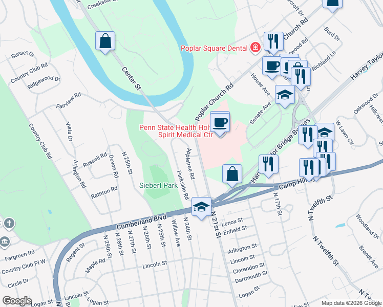 map of restaurants, bars, coffee shops, grocery stores, and more near 2106 Ridge Road in Camp Hill