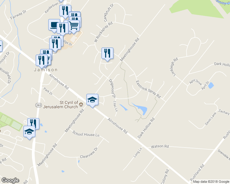 map of restaurants, bars, coffee shops, grocery stores, and more near 2311 Iris Court in Jamison