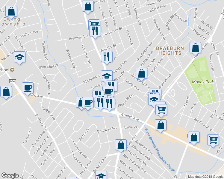 map of restaurants, bars, coffee shops, grocery stores, and more near 1548 Pennington Road in Ewing Township