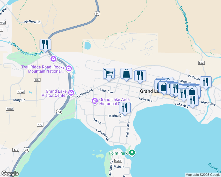 map of restaurants, bars, coffee shops, grocery stores, and more near 413 Lake Avenue in Grand Lake