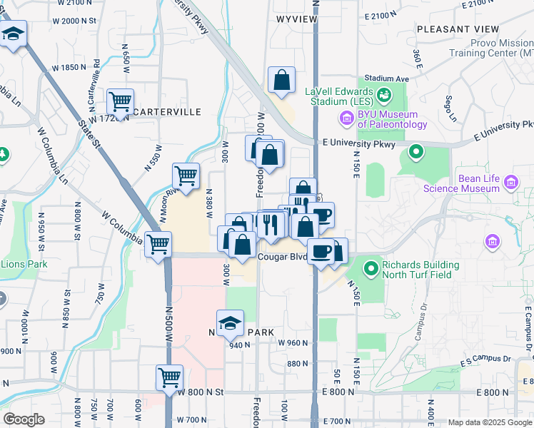 map of restaurants, bars, coffee shops, grocery stores, and more near 1340 North Freedom Boulevard in Provo