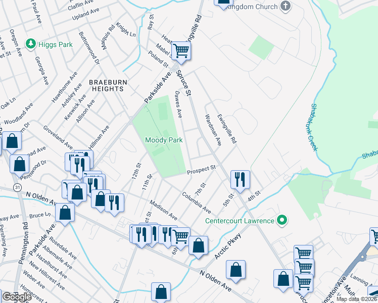 map of restaurants, bars, coffee shops, grocery stores, and more near 15 Dawes Avenue in Ewing Township