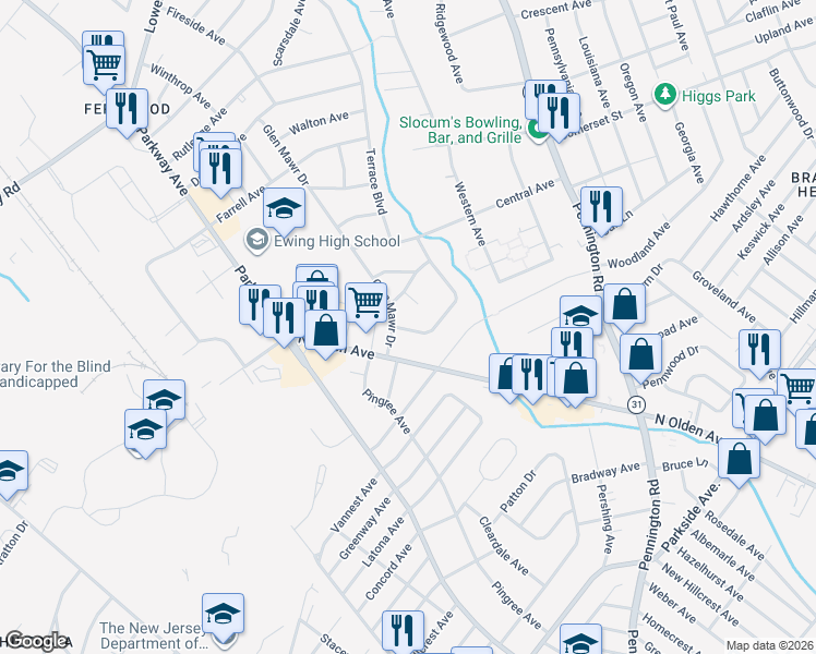 map of restaurants, bars, coffee shops, grocery stores, and more near 7 Glen Mawr Drive in Ewing Township