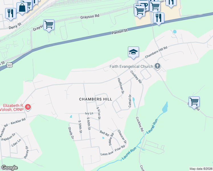 map of restaurants, bars, coffee shops, grocery stores, and more near 6141 Chambers Hill Road in Harrisburg