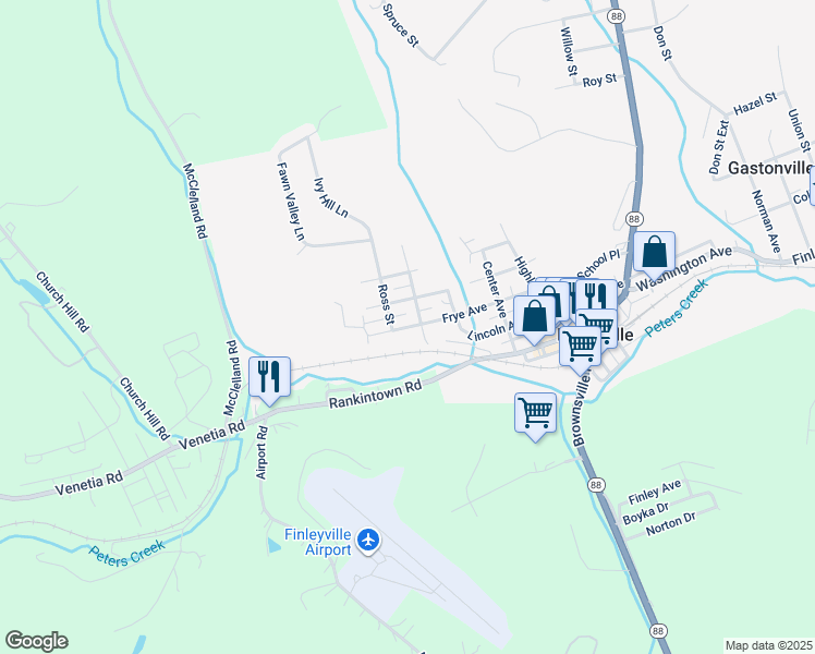 map of restaurants, bars, coffee shops, grocery stores, and more near 3476 Frye Avenue in Finleyville