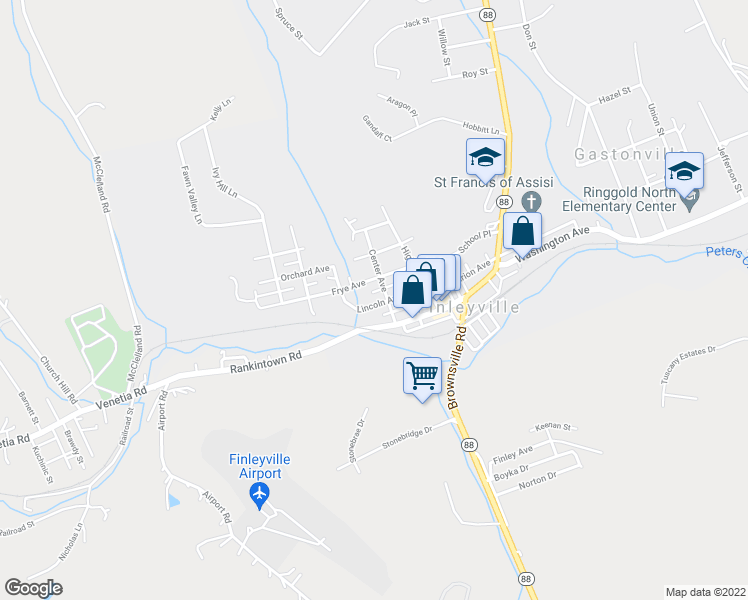 map of restaurants, bars, coffee shops, grocery stores, and more near 3495 Lincoln Avenue in Finleyville