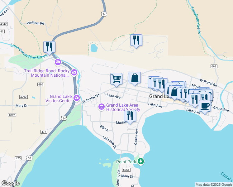 map of restaurants, bars, coffee shops, grocery stores, and more near 413 Lake Avenue in Grand Lake