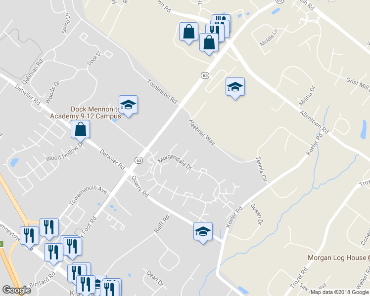 map of restaurants, bars, coffee shops, grocery stores, and more near 2425 Hillock Court in Lansdale
