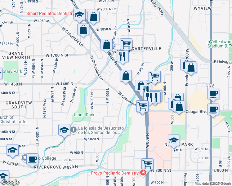 map of restaurants, bars, coffee shops, grocery stores, and more near 731 Columbia Lane in Provo