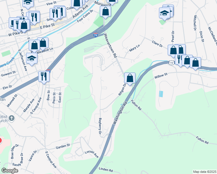 map of restaurants, bars, coffee shops, grocery stores, and more near 1170 Bayberry Drive in Canonsburg