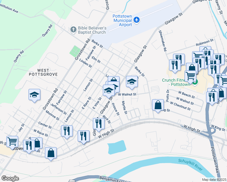 map of restaurants, bars, coffee shops, grocery stores, and more near 609 Glasgow Street in Stowe