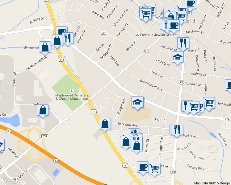 map of restaurants, bars, coffee shops, grocery stores, and more near 23 Enright Ave in Freehold