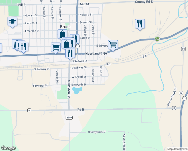map of restaurants, bars, coffee shops, grocery stores, and more near 129 South Curtis Street in Brush