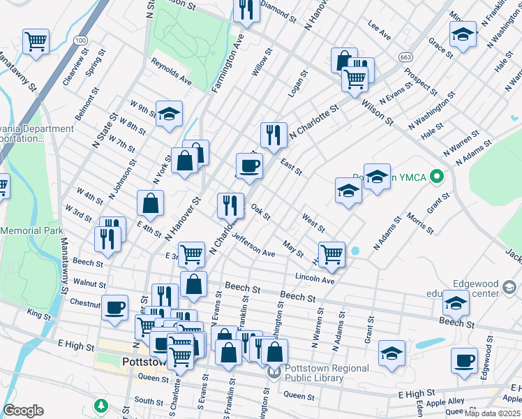 map of restaurants, bars, coffee shops, grocery stores, and more near 453 North Evans Street in Pottstown