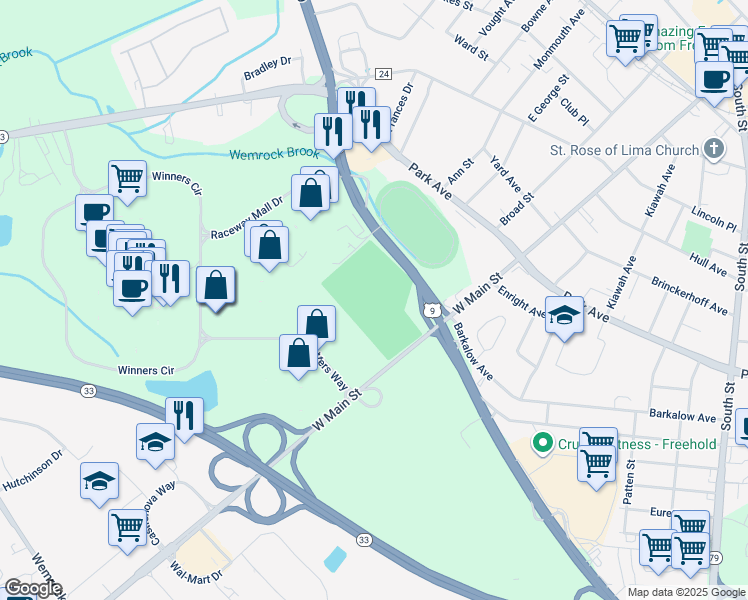 map of restaurants, bars, coffee shops, grocery stores, and more near 169 West Main Street in Freehold