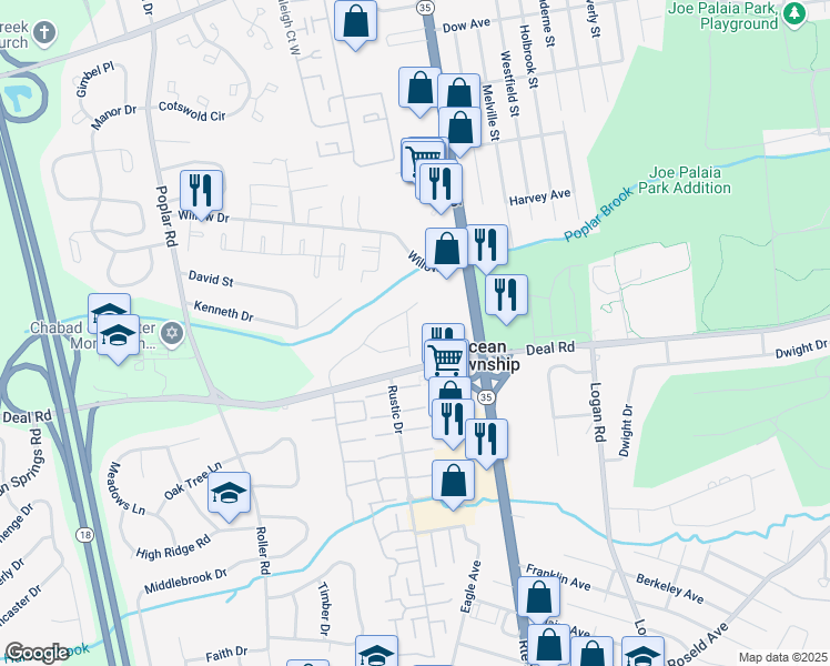 map of restaurants, bars, coffee shops, grocery stores, and more near 119 Pierce Drive in Ocean Township