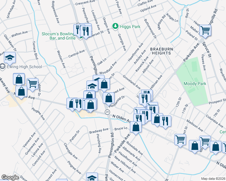 map of restaurants, bars, coffee shops, grocery stores, and more near 12 Pennroad Avenue in Ewing Township
